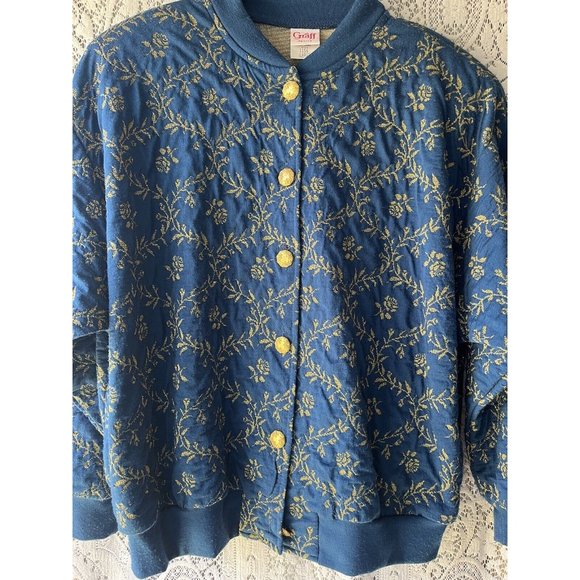 Vtg Lady Graff Petite Blue Jacket Gold Roses Padded Shoulders Large Made in USA - Picture 2 of 7